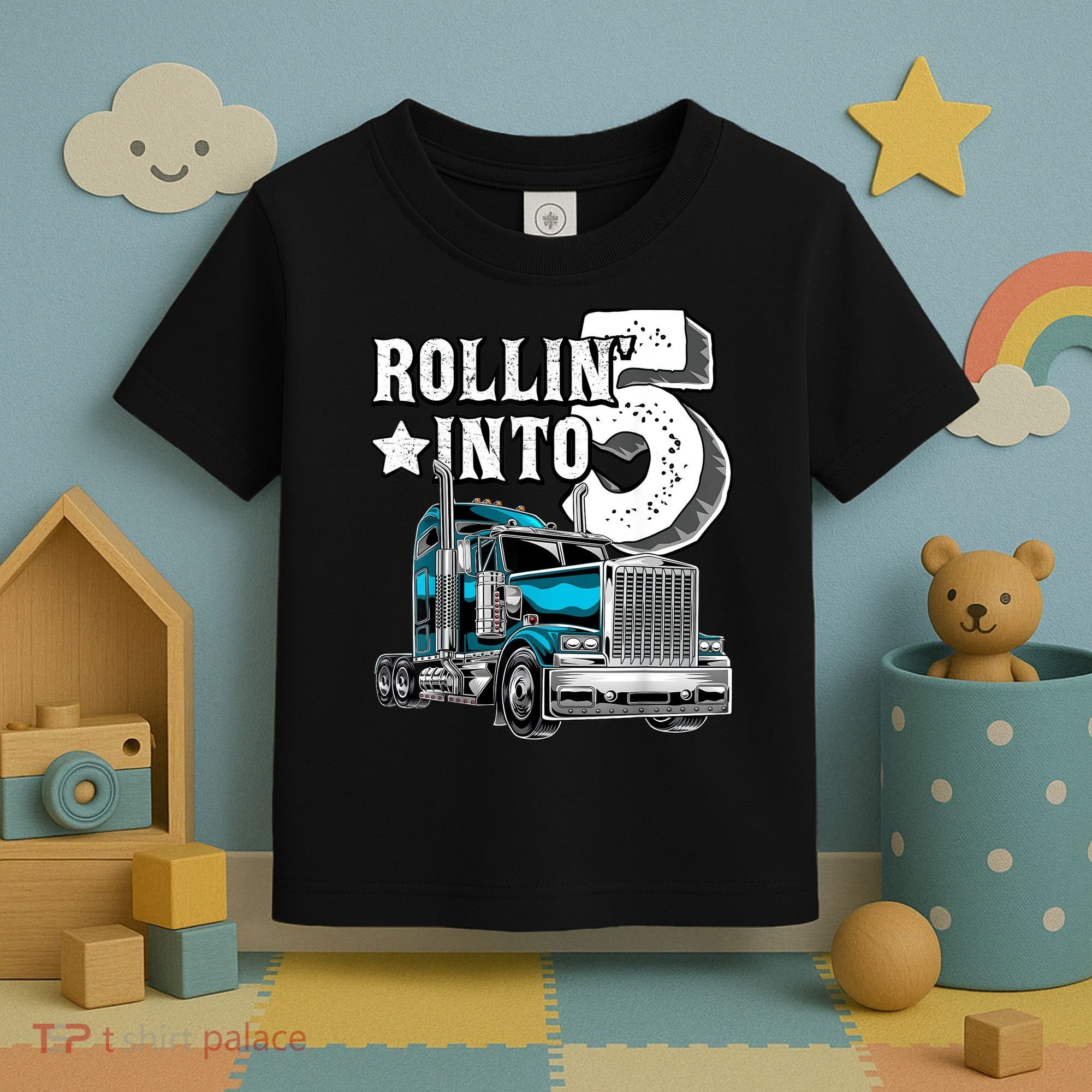 Rollin into 5 Big Rig Semi-Trailer Truck 5th Birthday Gift Toddler T-Shirt