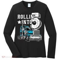 Rollin into 5 Big Rig Semi-Trailer Truck 5th Birthday Gift Women's Long Sleeve Shirt thumb 0