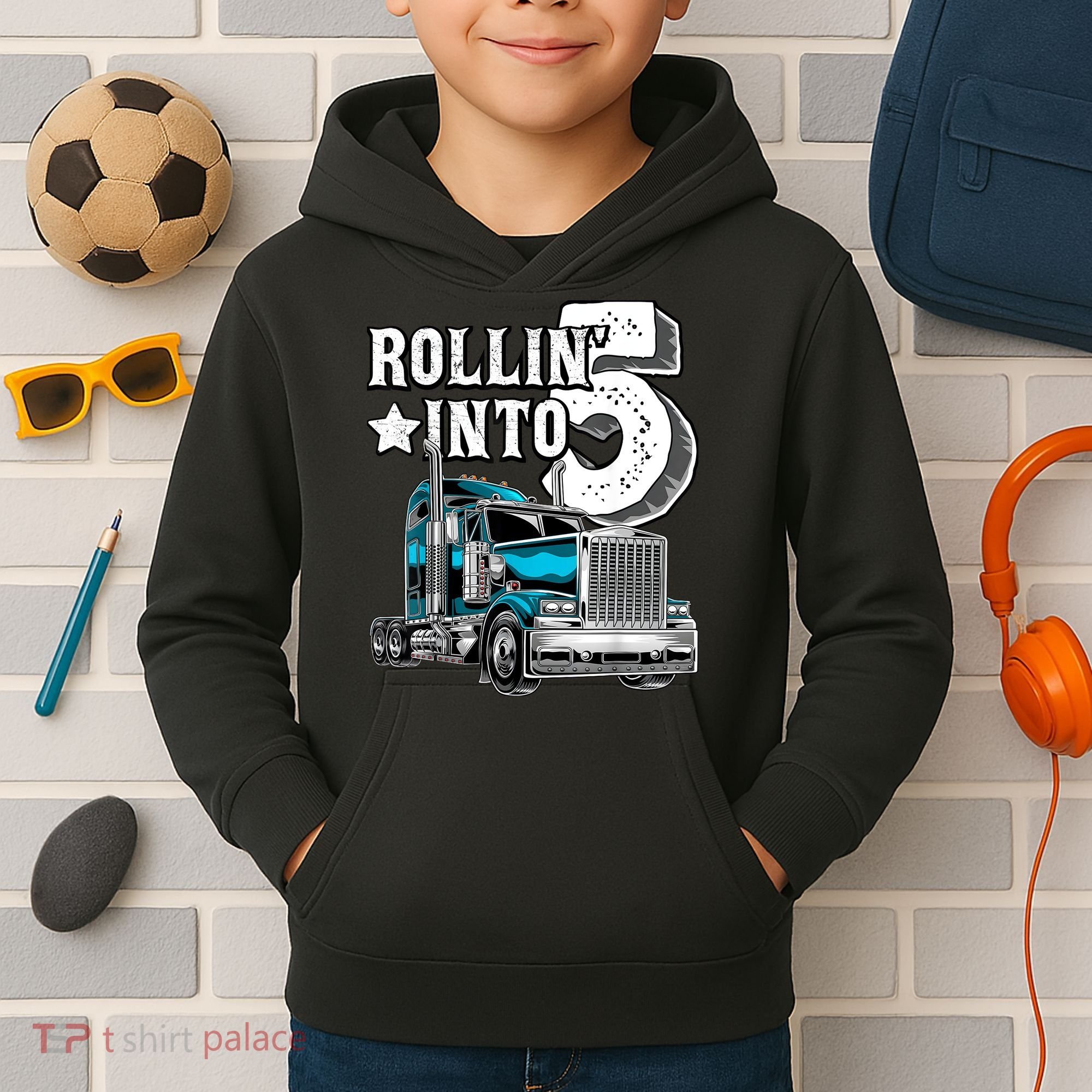Rollin into 5 Big Rig Semi-Trailer Truck 5th Birthday Gift Kids Hoodie