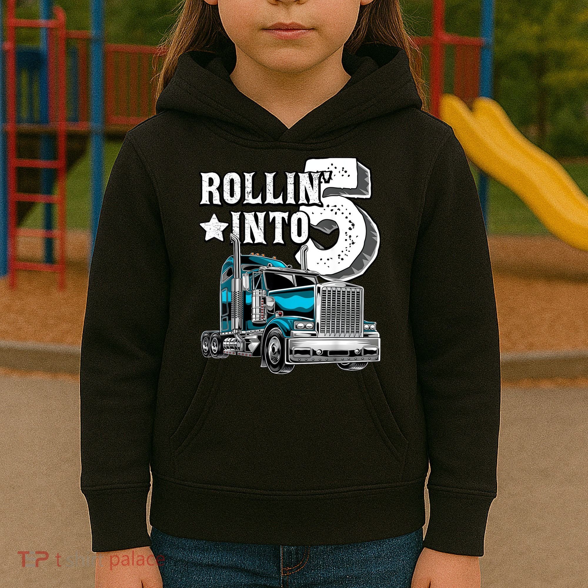 Rollin into 5 Big Rig Semi-Trailer Truck 5th Birthday Gift Kids Hoodie