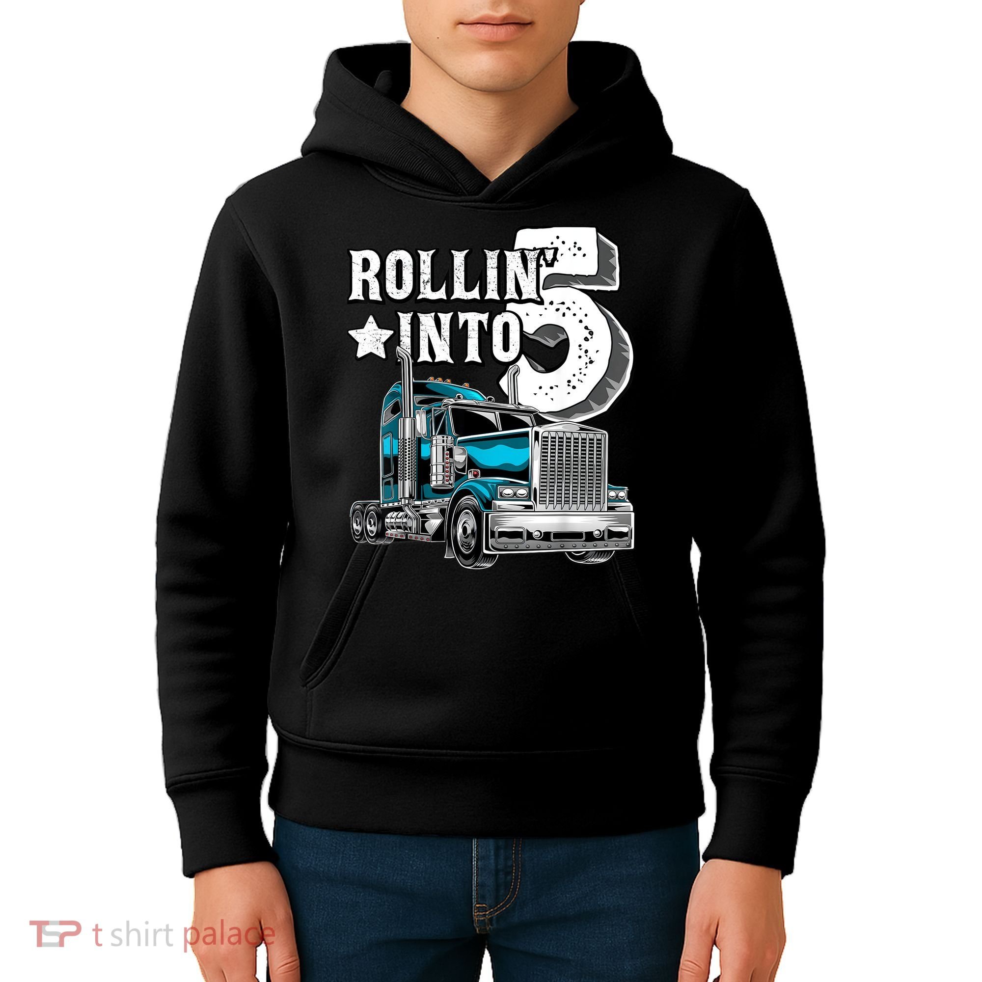 Rollin into 5 Big Rig Semi-Trailer Truck 5th Birthday Gift Kids Hoodie