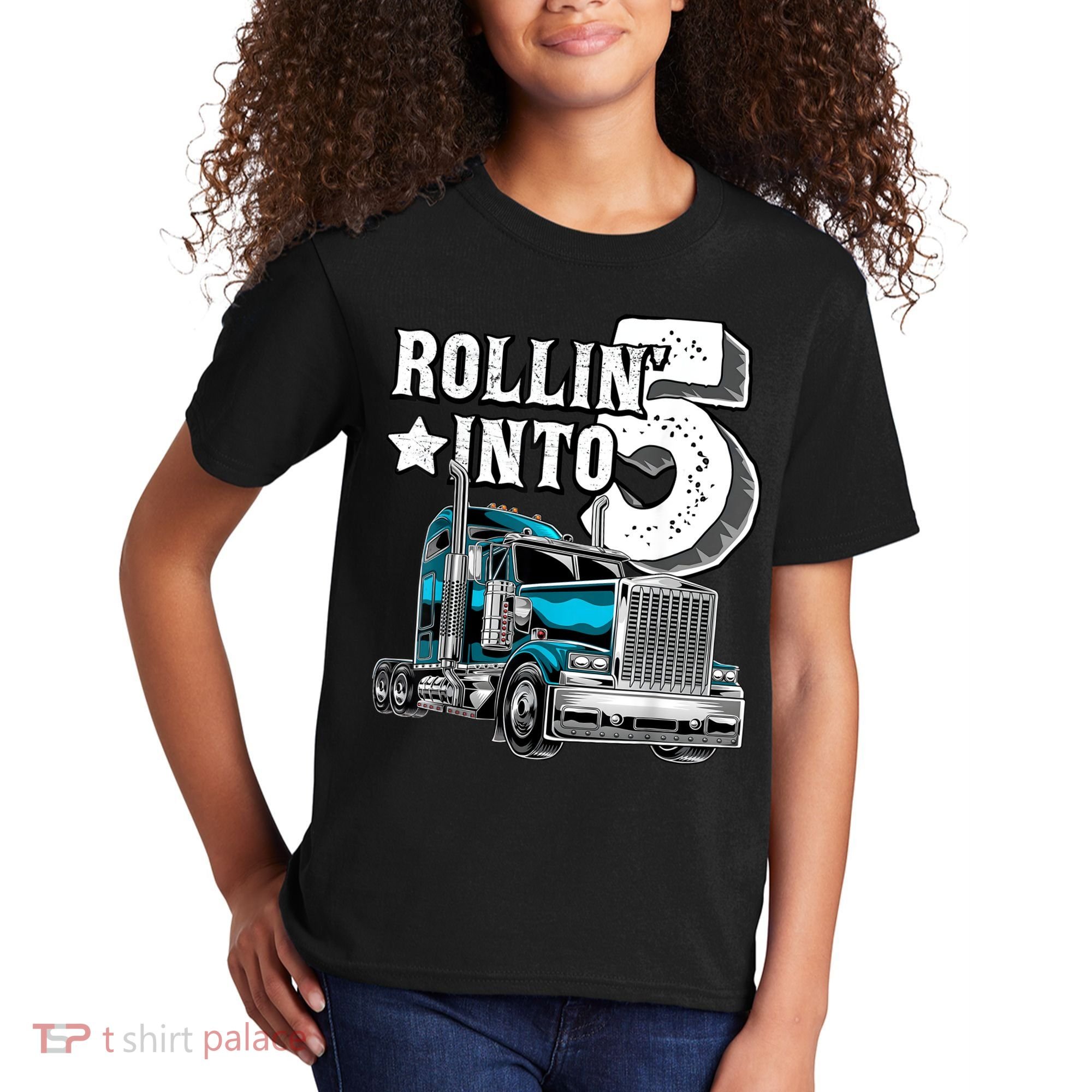Rollin into 5 Big Rig Semi-Trailer Truck 5th Birthday Gift Kids T-Shirt