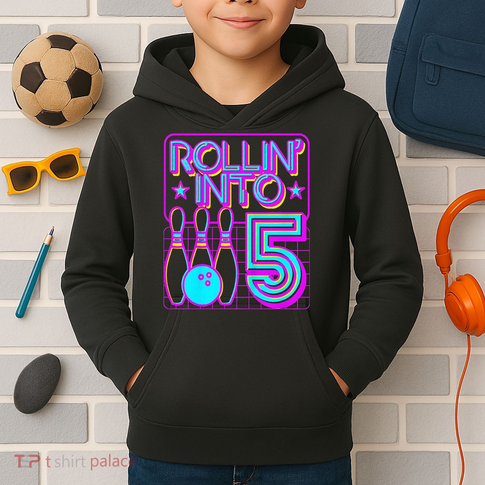 Rollin Into 5 Bowling Bowler 5th Birthday Party Kids Hoodie