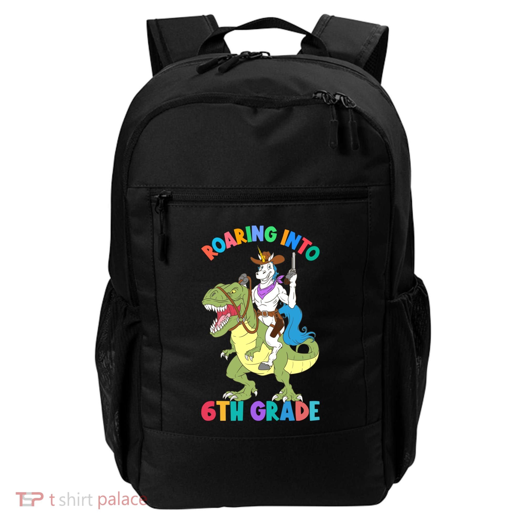 Roaring Into 6th Grade Unicorn Riding Dinosaur Back School Cute Gift Backpack