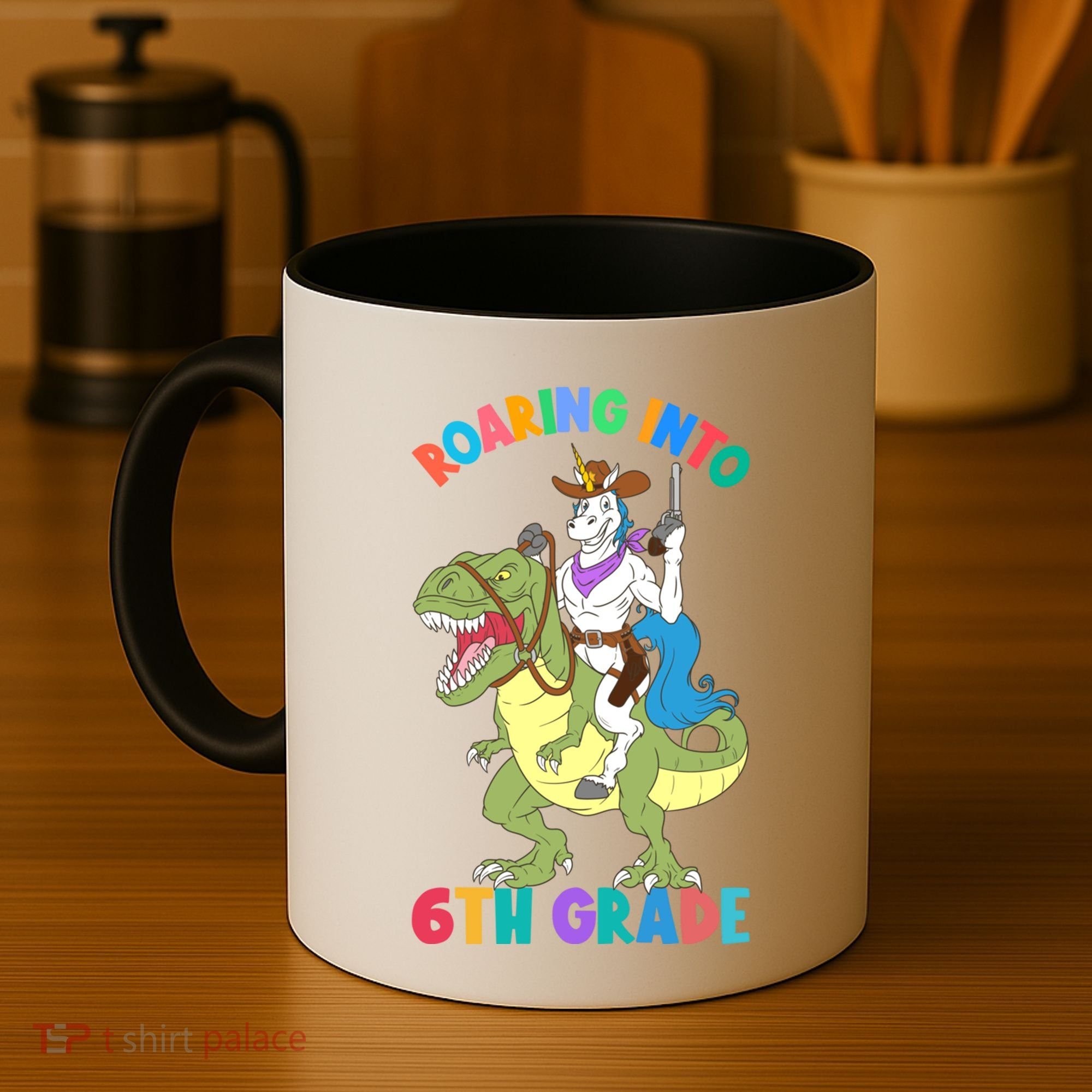 Roaring Into 6th Grade Unicorn Riding Dinosaur Back School Cute Gift Coffee Mug