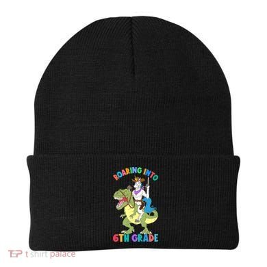 Roaring Into 6th Grade Unicorn Riding Dinosaur Back School Cute Gift Beanie