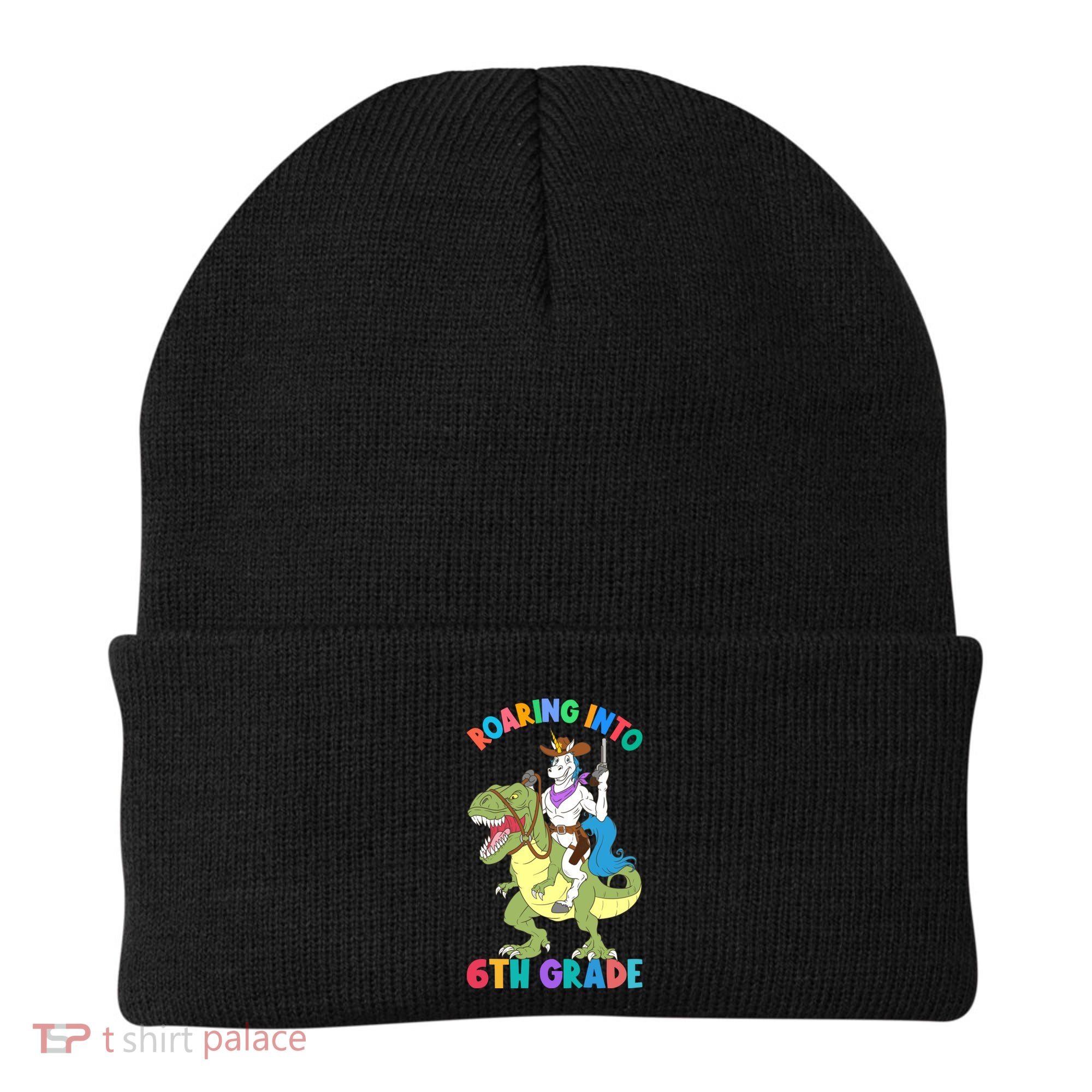 Roaring Into 6th Grade Unicorn Riding Dinosaur Back School Cute Gift Beanie