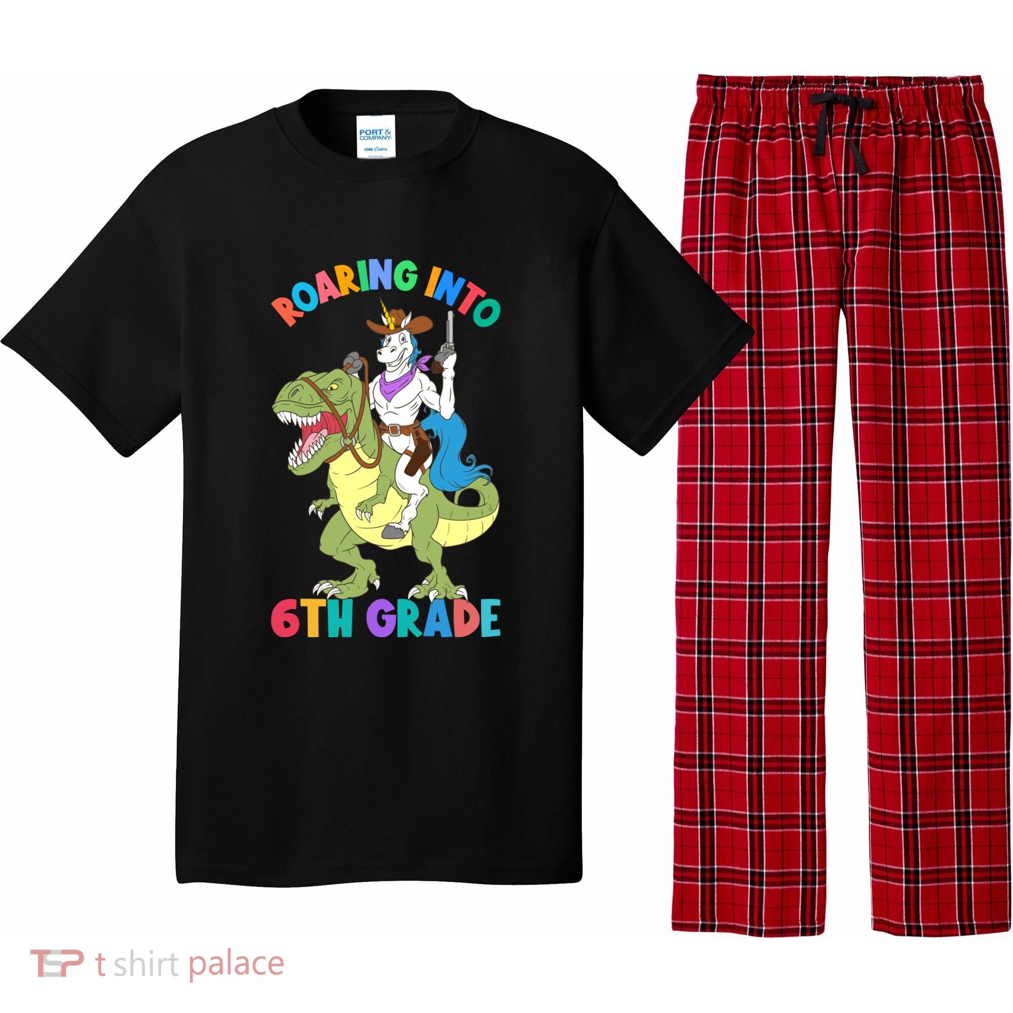 Roaring Into 6th Grade Unicorn Riding Dinosaur Back School Cute Gift Pajama Set