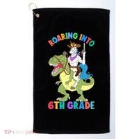 Roaring Into 6th Grade Unicorn Riding Dinosaur Back School Cute Gift Golf Towel thumb 0