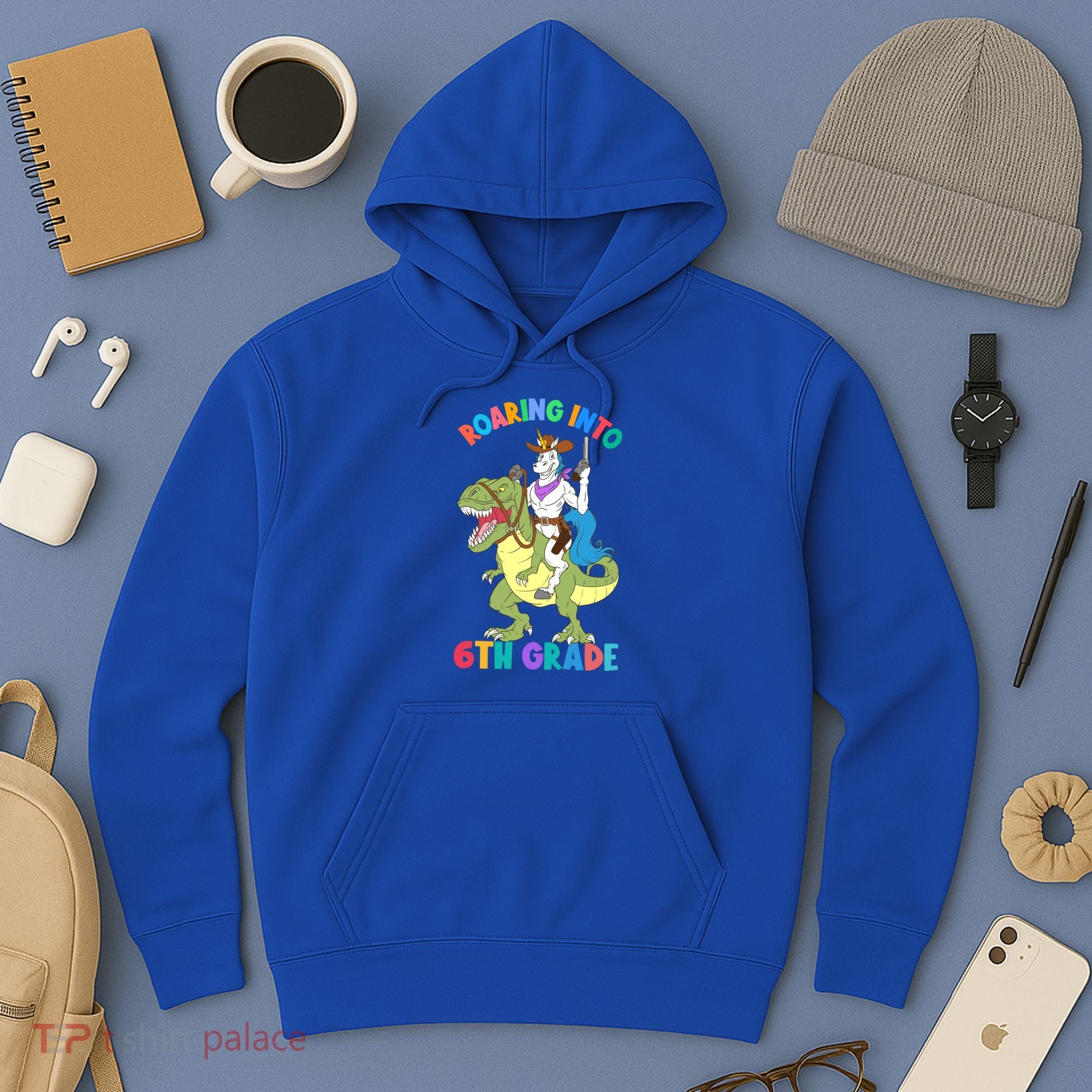 Roaring Into 6th Grade Unicorn Riding Dinosaur Back School Cute Gift Hoodie