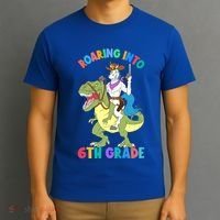 Roaring Into 6th Grade Unicorn Riding Dinosaur Back School Cute Gift T-Shirt thumb 3