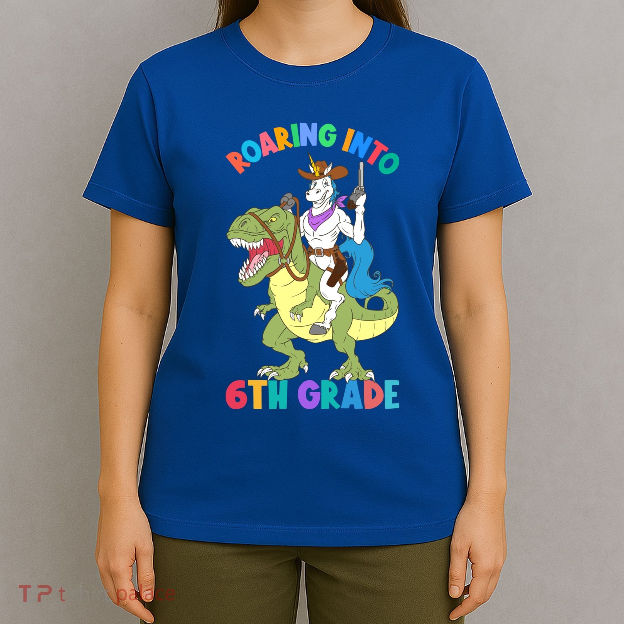 Roaring Into 6th Grade Unicorn Riding Dinosaur Back School Cute Gift T-Shirt