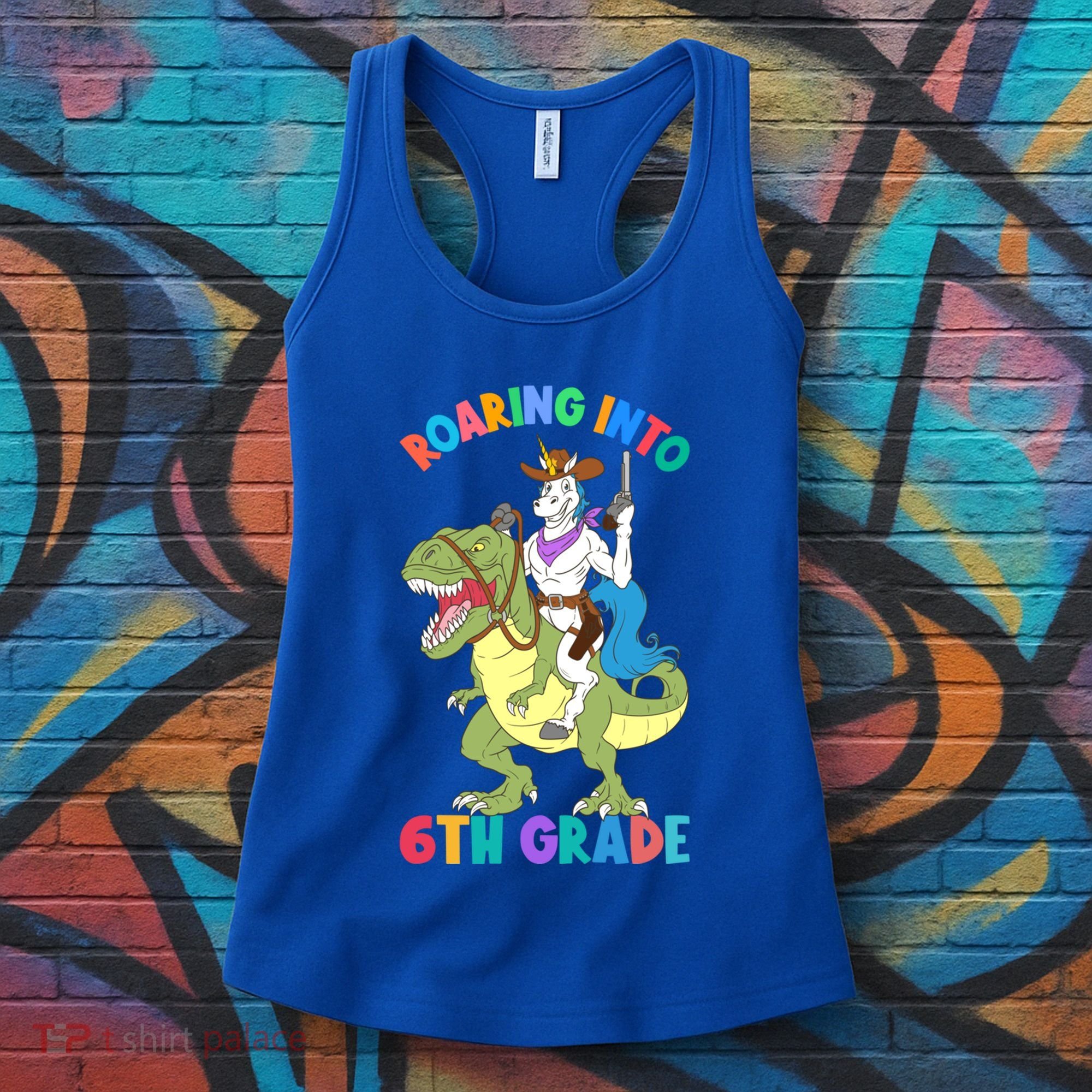 Roaring Into 6th Grade Unicorn Riding Dinosaur Back School Cute Gift Women's Tank Top