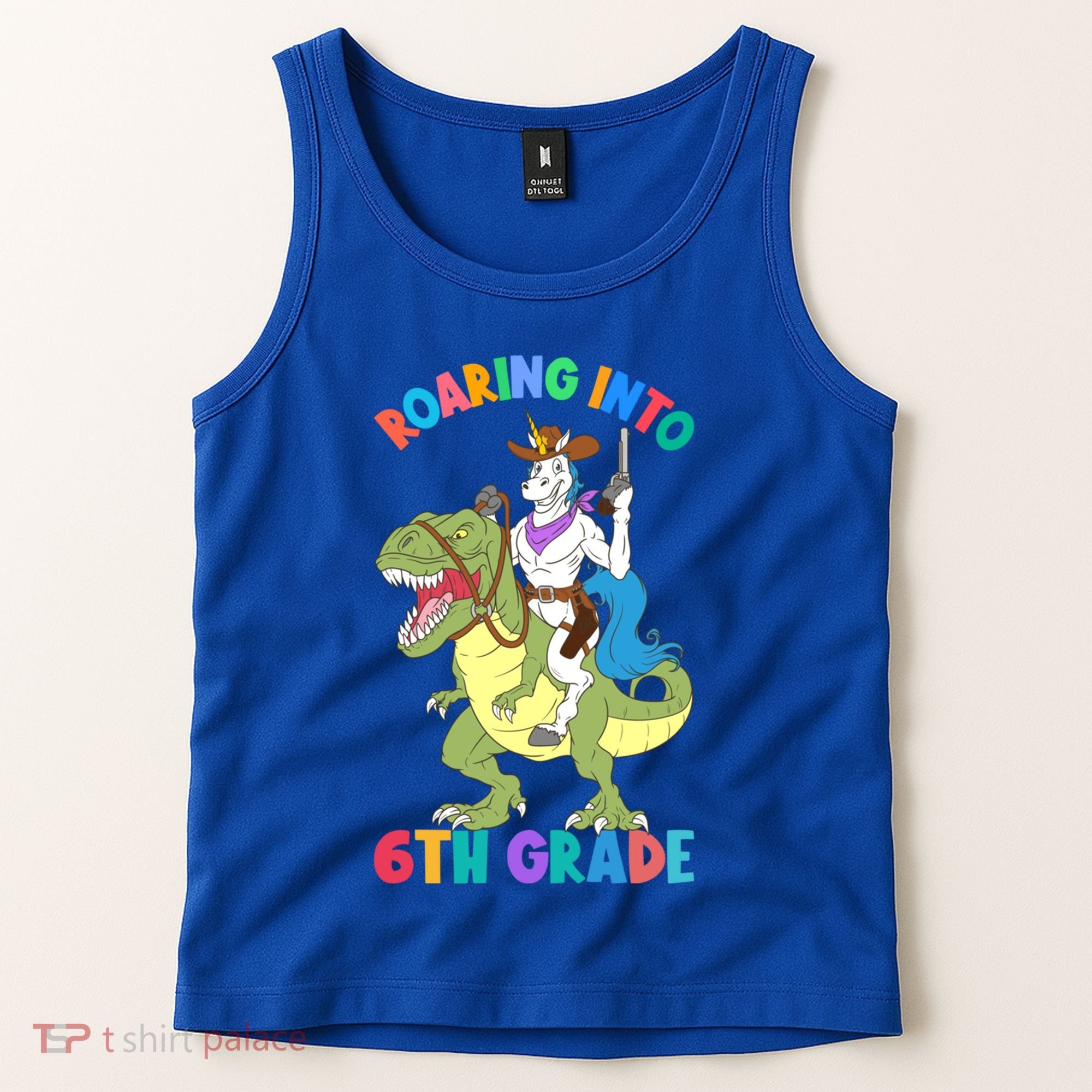 Roaring Into 6th Grade Unicorn Riding Dinosaur Back School Cute Gift Tank Top