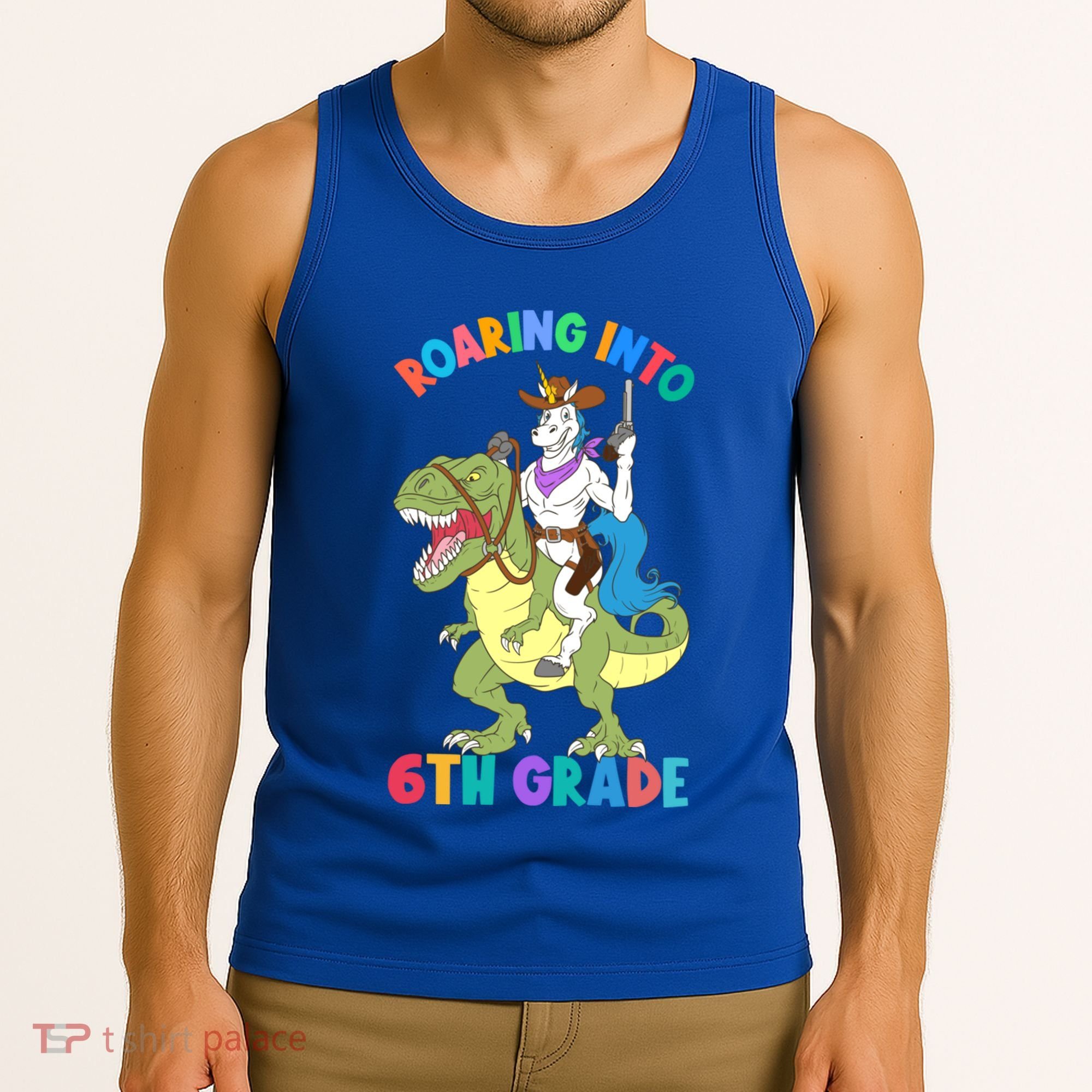 Roaring Into 6th Grade Unicorn Riding Dinosaur Back School Cute Gift Tank Top