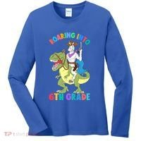 Roaring Into 6th Grade Unicorn Riding Dinosaur Back School Cute Gift Women's Long Sleeve Shirt thumb 0