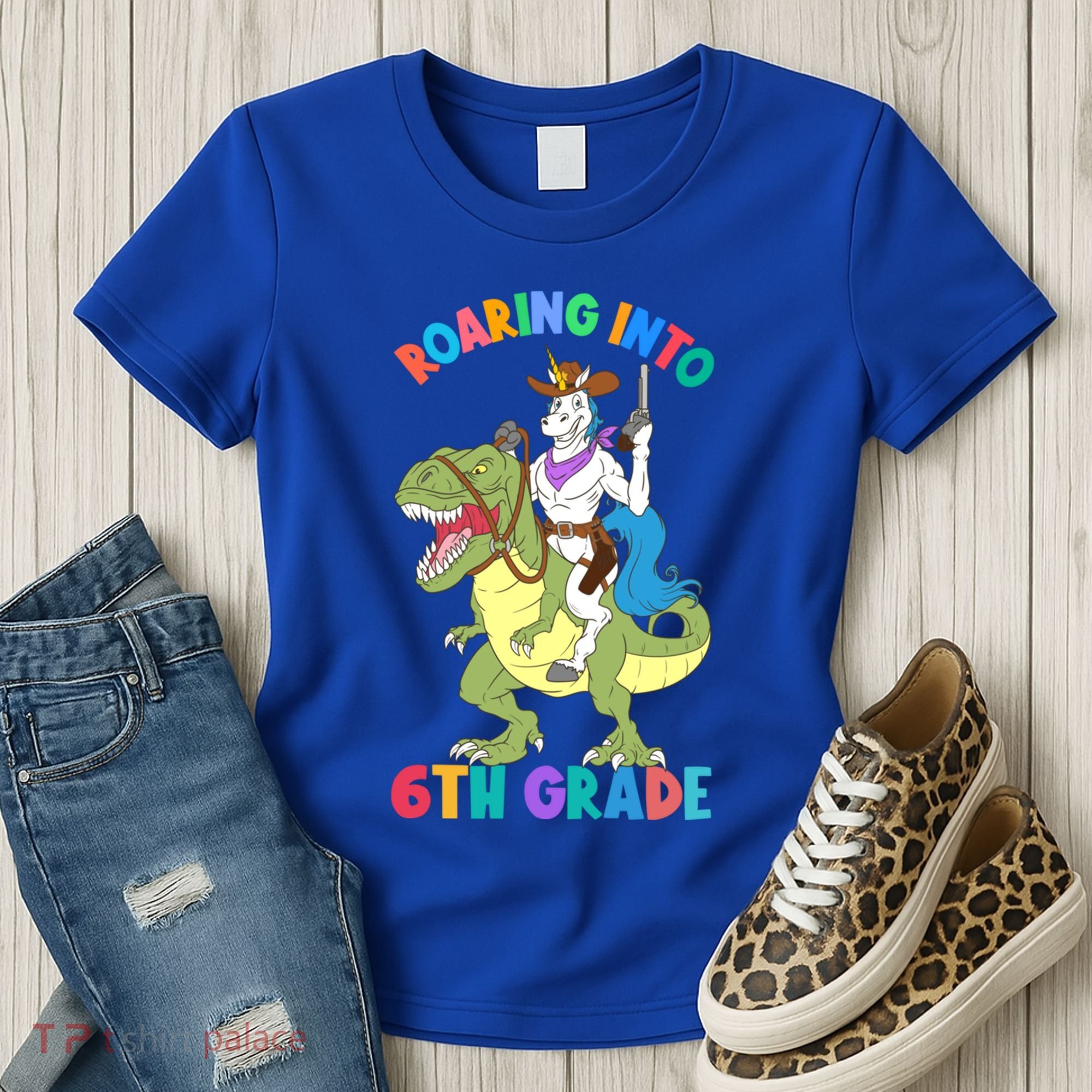 Roaring Into 6th Grade Unicorn Riding Dinosaur Back School Cute Gift Women's T-Shirt