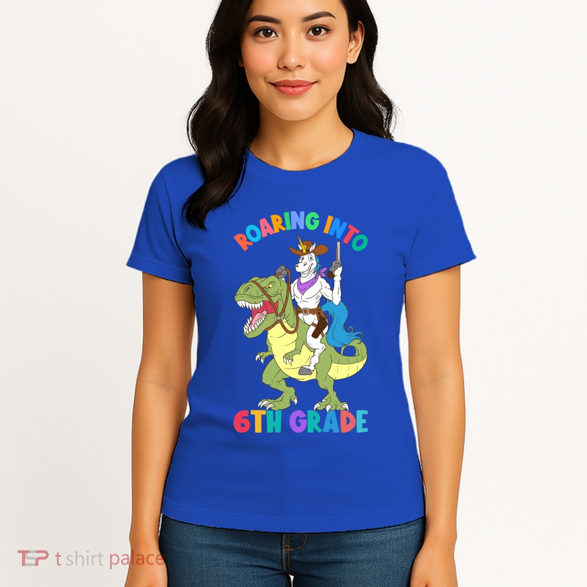 Roaring Into 6th Grade Unicorn Riding Dinosaur Back School Cute Gift Women's T-Shirt