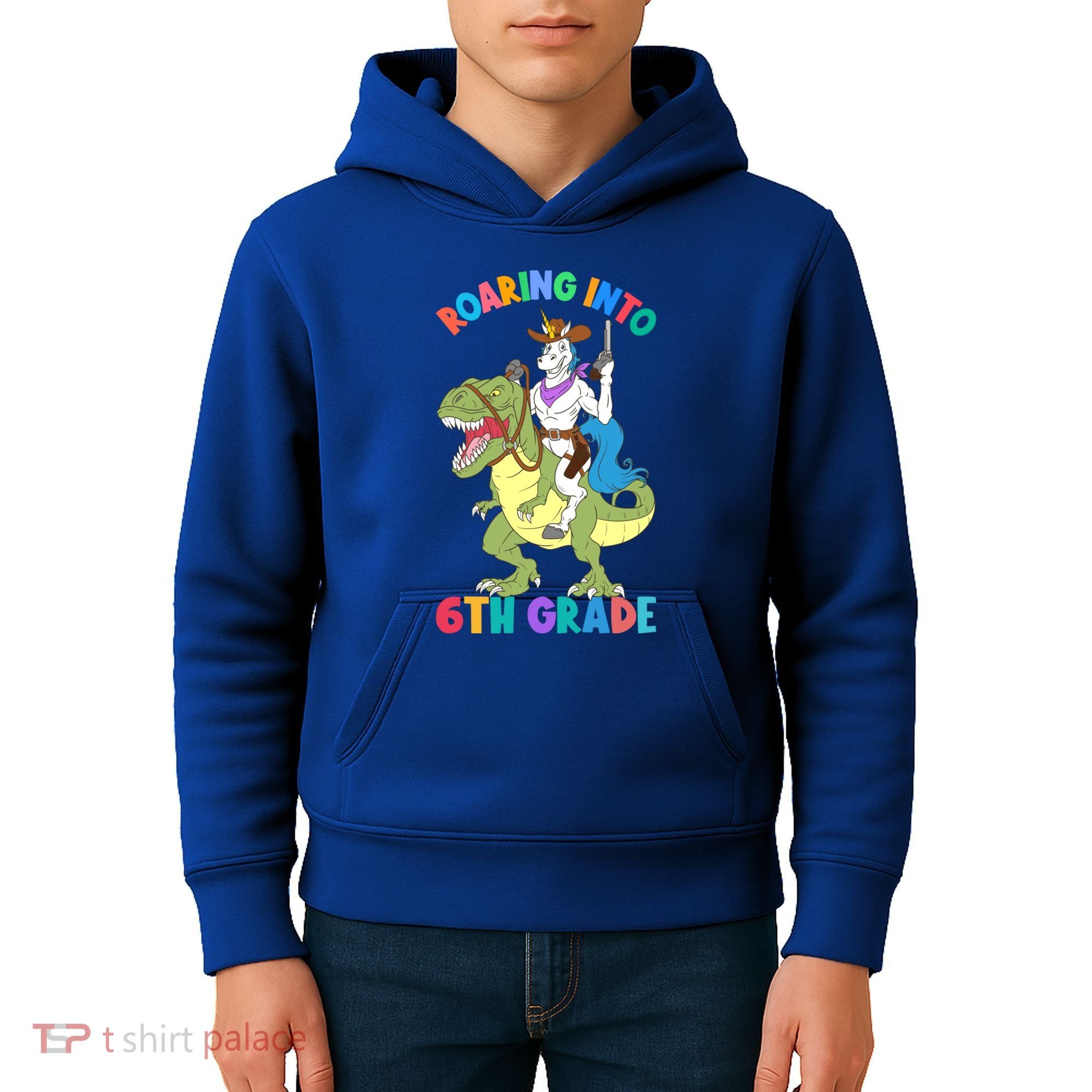 Roaring Into 6th Grade Unicorn Riding Dinosaur Back School Cute Gift Kids Hoodie