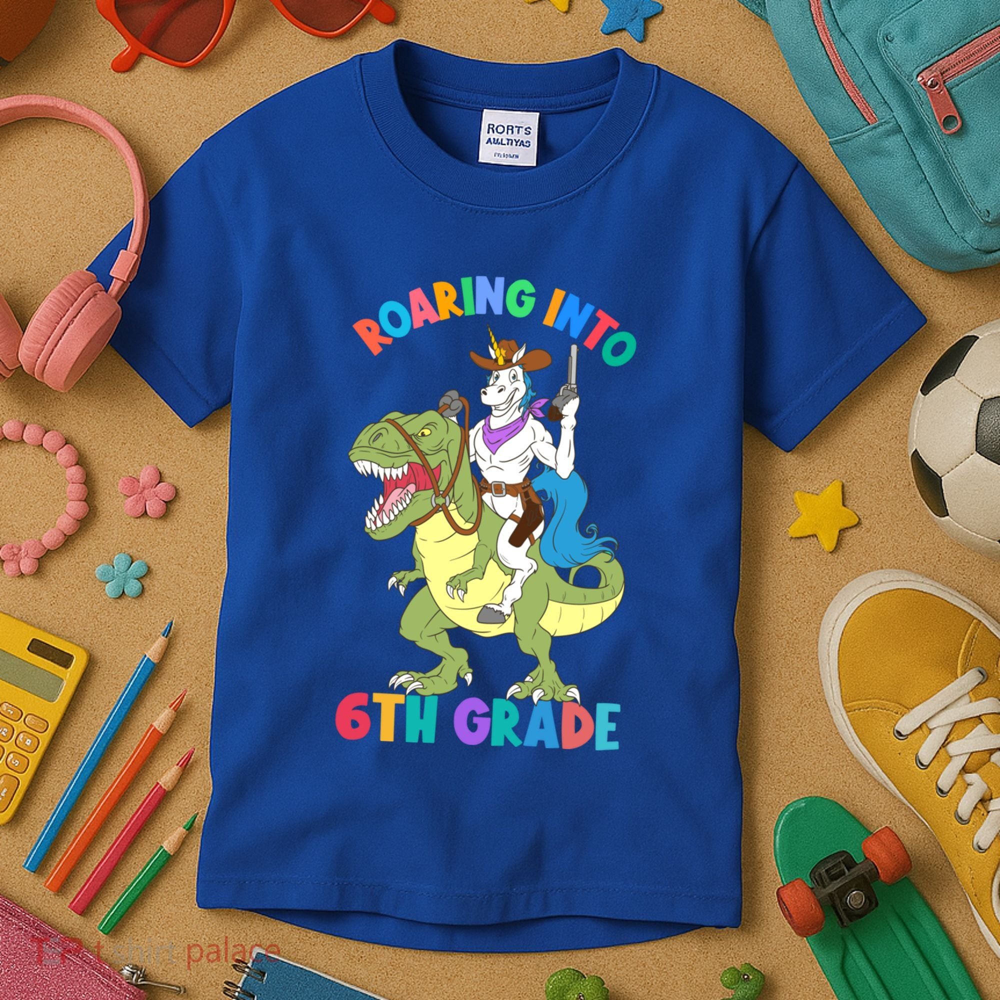 Roaring Into 6th Grade Unicorn Riding Dinosaur Back School Cute Gift Kids T-Shirt