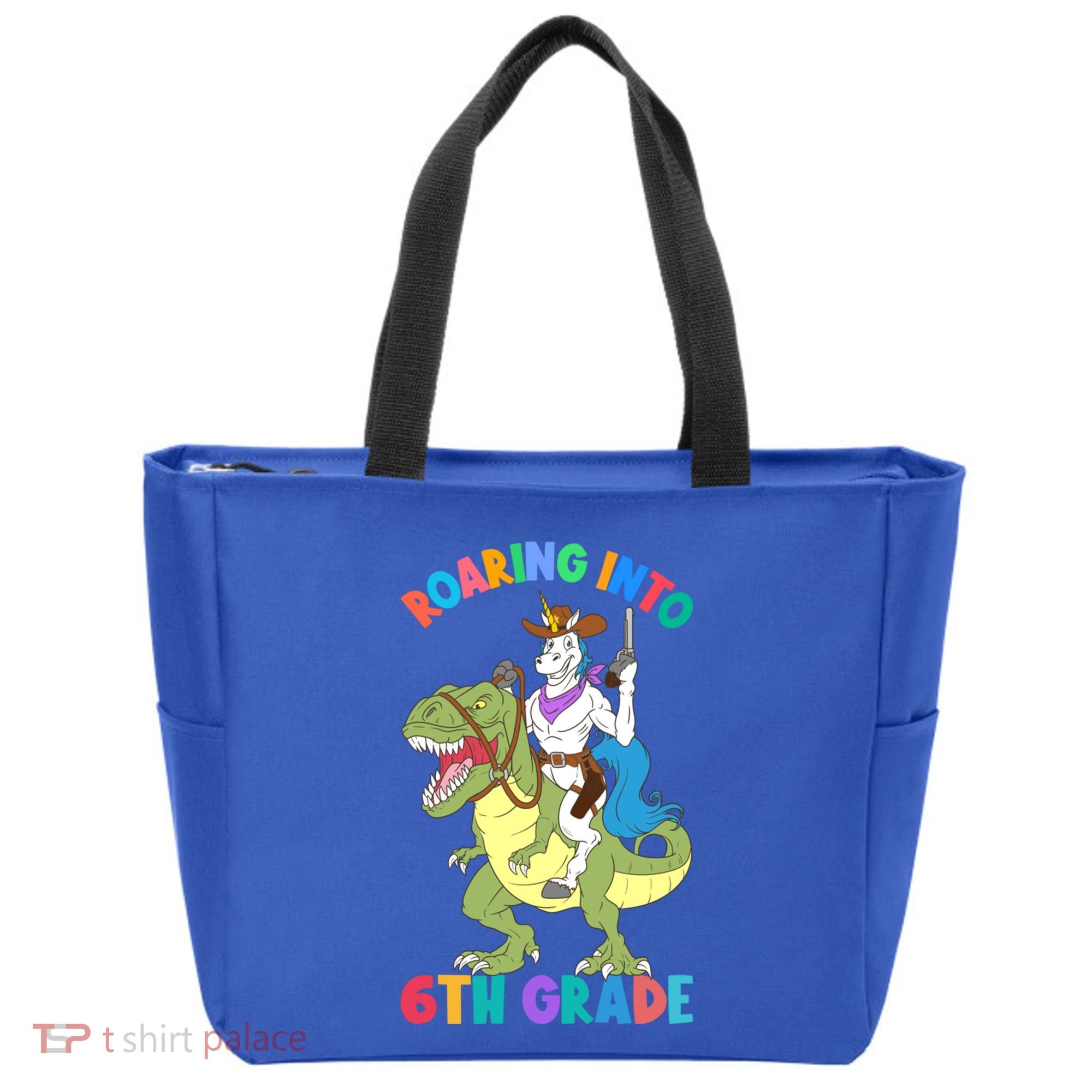 Roaring Into 6th Grade Unicorn Riding Dinosaur Back School Cute Gift Tote Bag