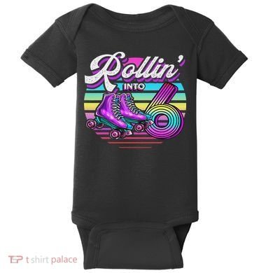 Rollin' Into 6 Roller Skating Rink 6th Birthday Party Baby Bodysuit