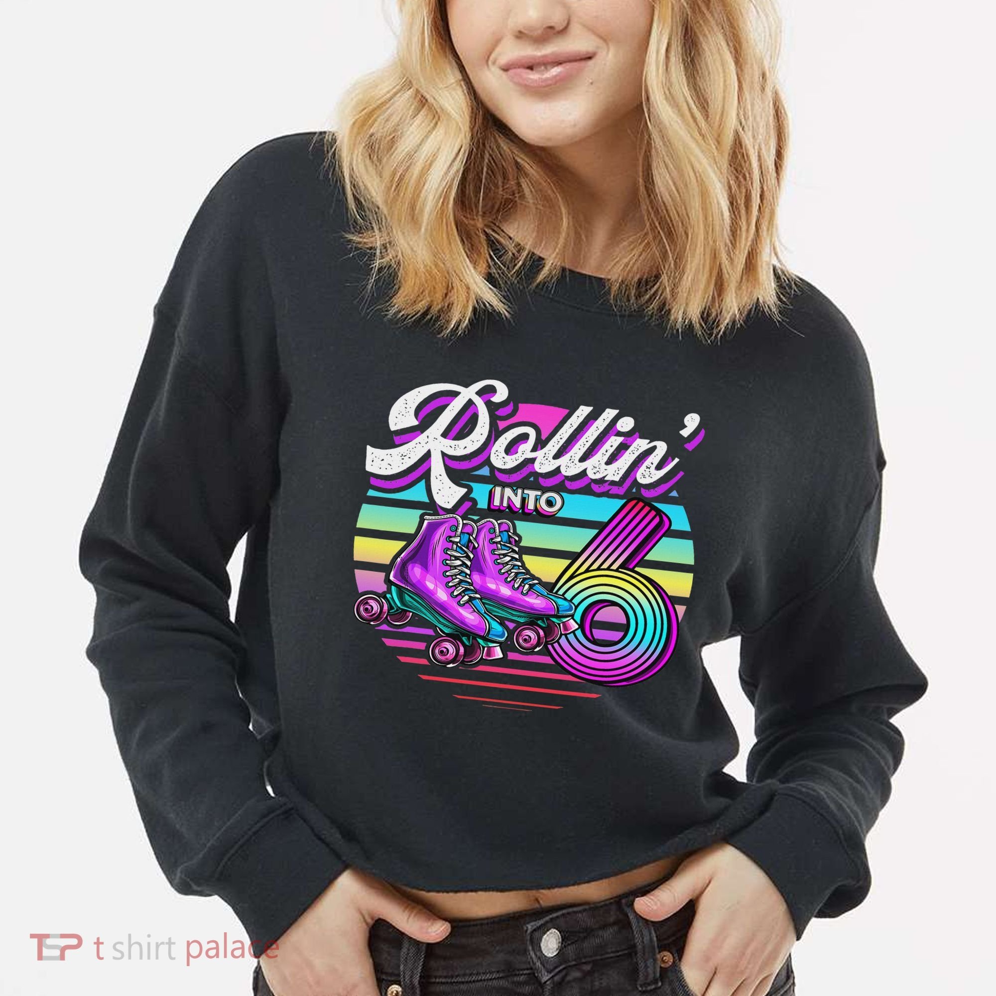 Rollin' Into 6 Roller Skating Rink 6th Birthday Party Cropped Pullover Crew