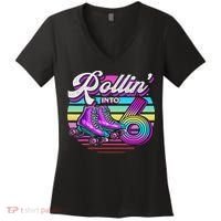 Rollin' Into 6 Roller Skating Rink 6th Birthday Party Women's V-Neck T-Shirt thumb 0