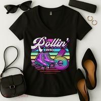 Rollin' Into 6 Roller Skating Rink 6th Birthday Party Women's V-Neck T-Shirt thumb 2