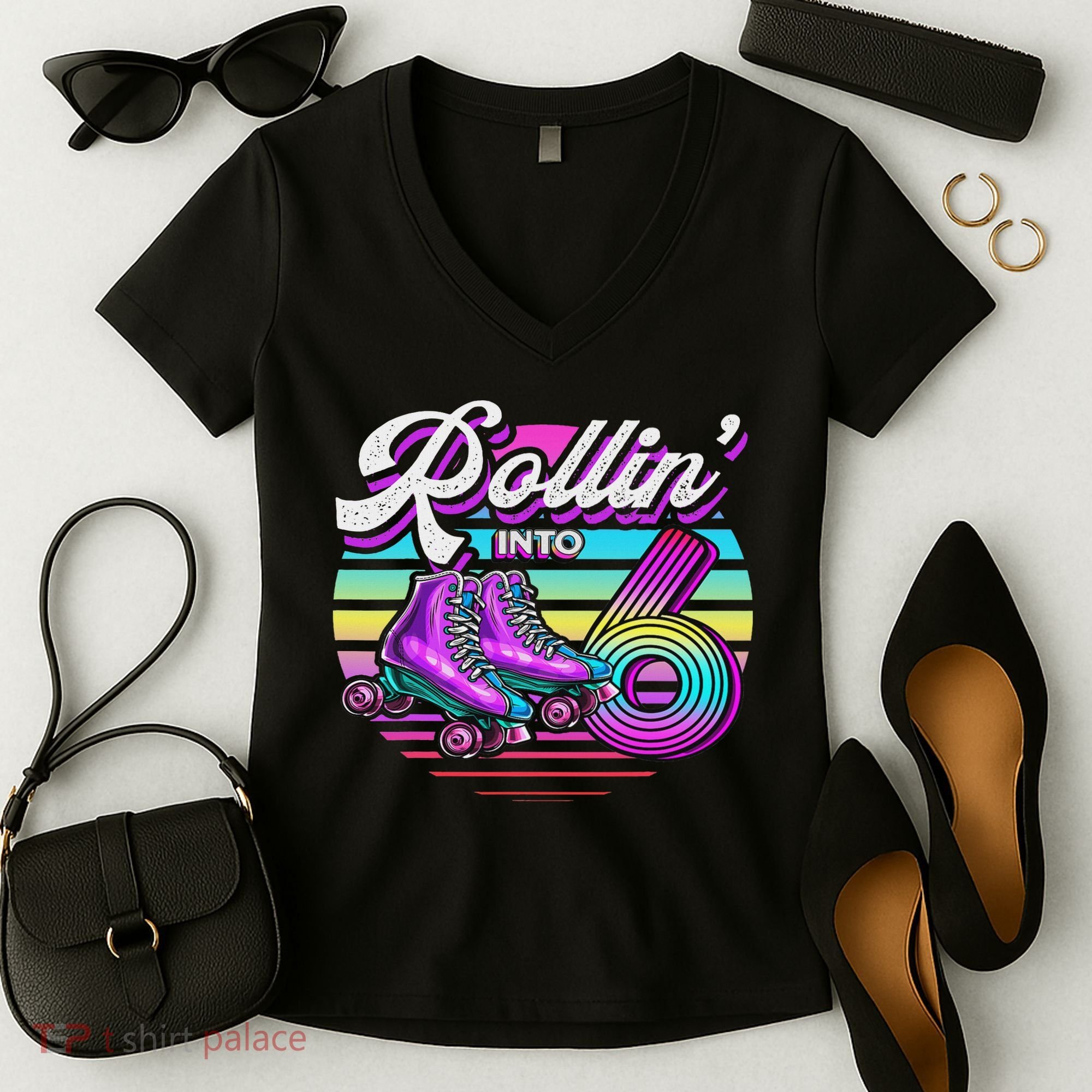 Rollin' Into 6 Roller Skating Rink 6th Birthday Party Women's V-Neck T-Shirt