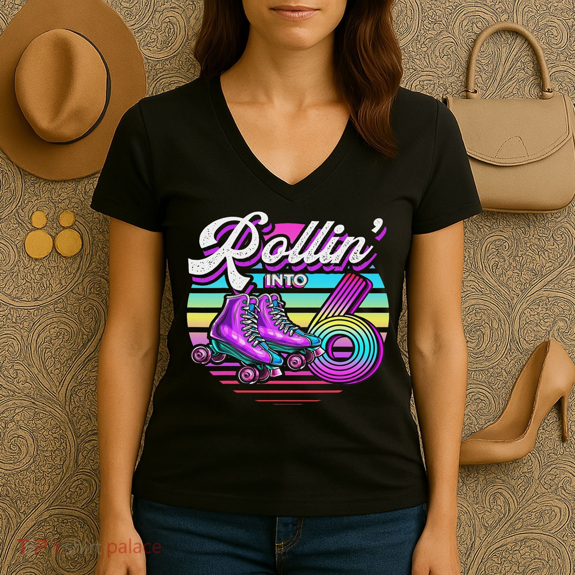 Rollin' Into 6 Roller Skating Rink 6th Birthday Party Women's V-Neck T-Shirt
