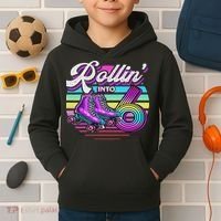 Rollin' Into 6 Roller Skating Rink 6th Birthday Party Kids Hoodie thumb 2