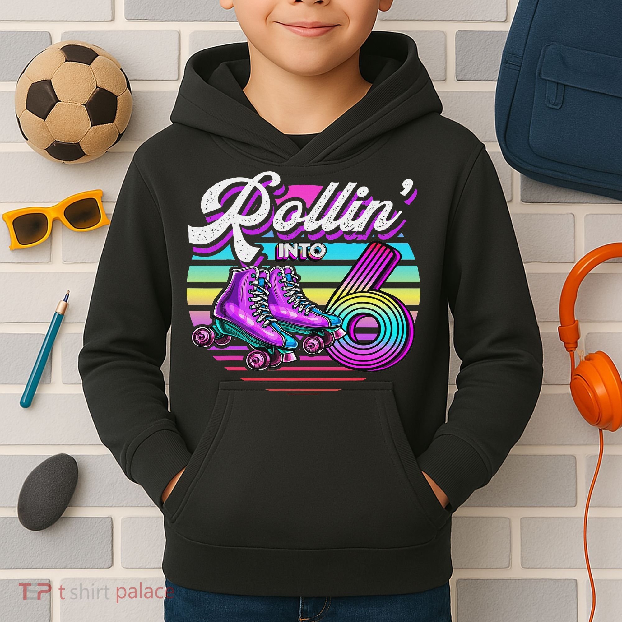 Rollin' Into 6 Roller Skating Rink 6th Birthday Party Kids Hoodie