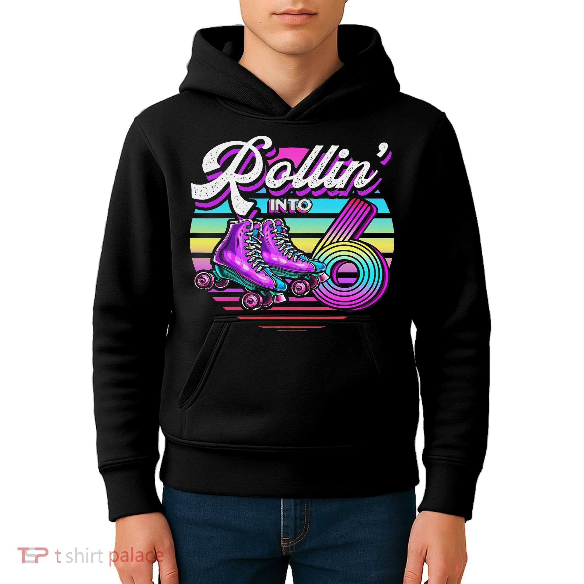 Rollin' Into 6 Roller Skating Rink 6th Birthday Party Kids Hoodie