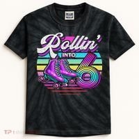 Rollin' Into 6 Roller Skating Rink 6th Birthday Party Kids Tie-Dye T-Shirt thumb 0