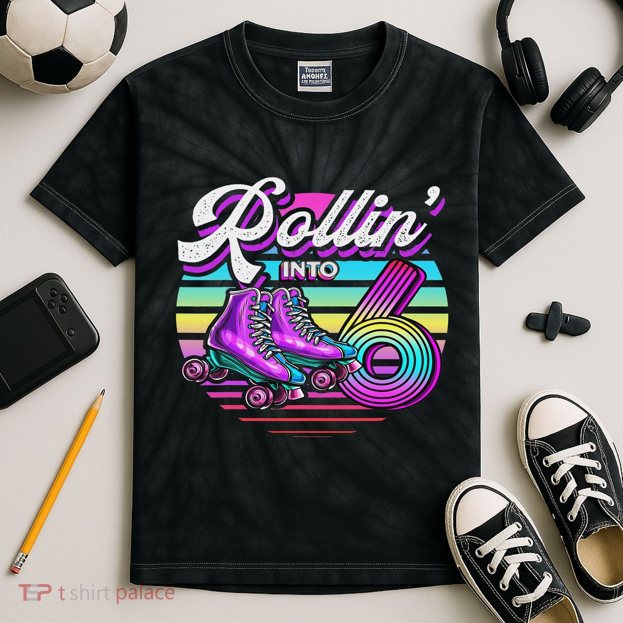 Rollin' Into 6 Roller Skating Rink 6th Birthday Party Kids Tie-Dye T-Shirt