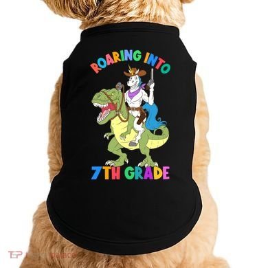 Roaring Into 7th Grade Unicorn Riding Dinosaur Back School Funny Gift Doggie Tank