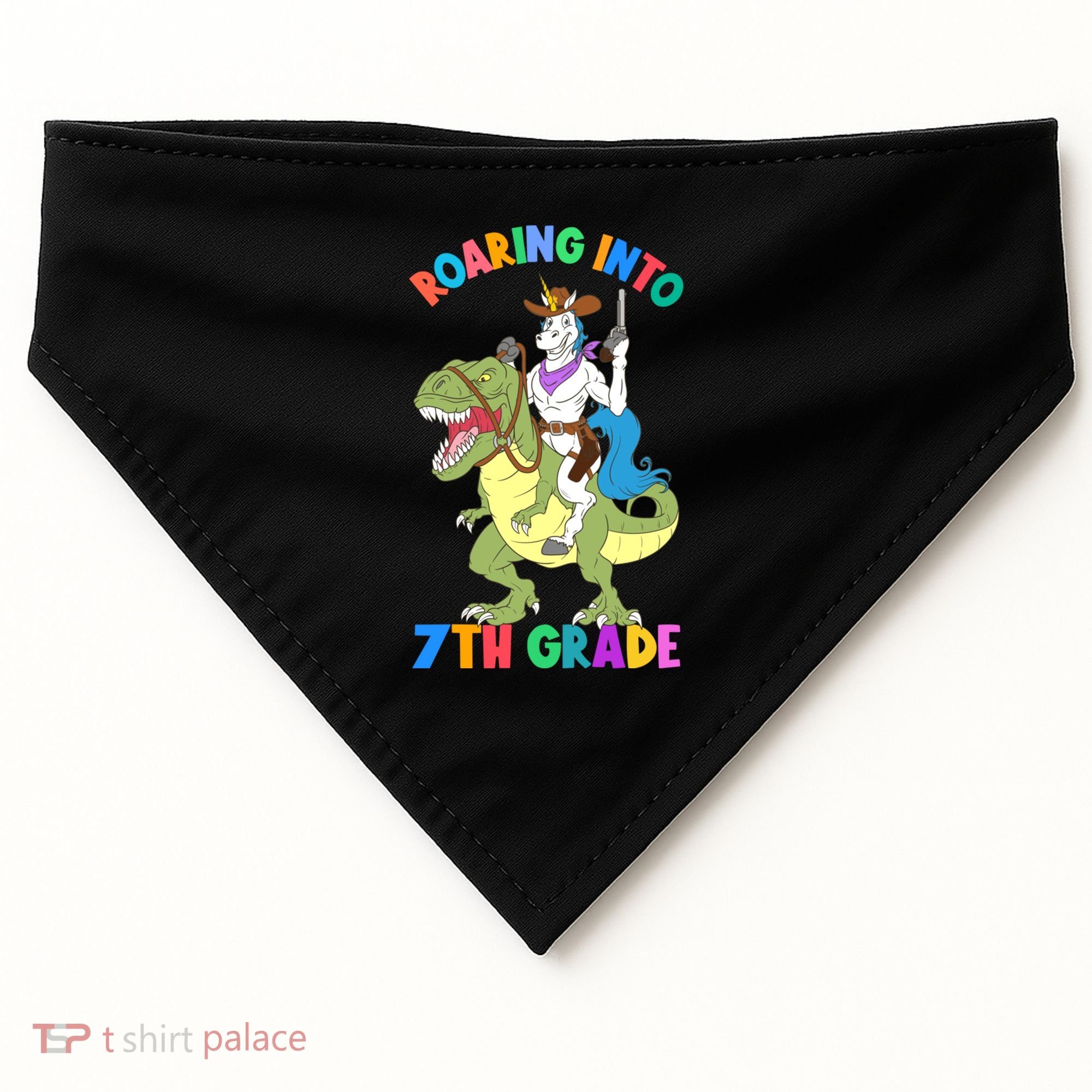 Roaring Into 7th Grade Unicorn Riding Dinosaur Back School Funny Gift USA-Made Doggie Bandana