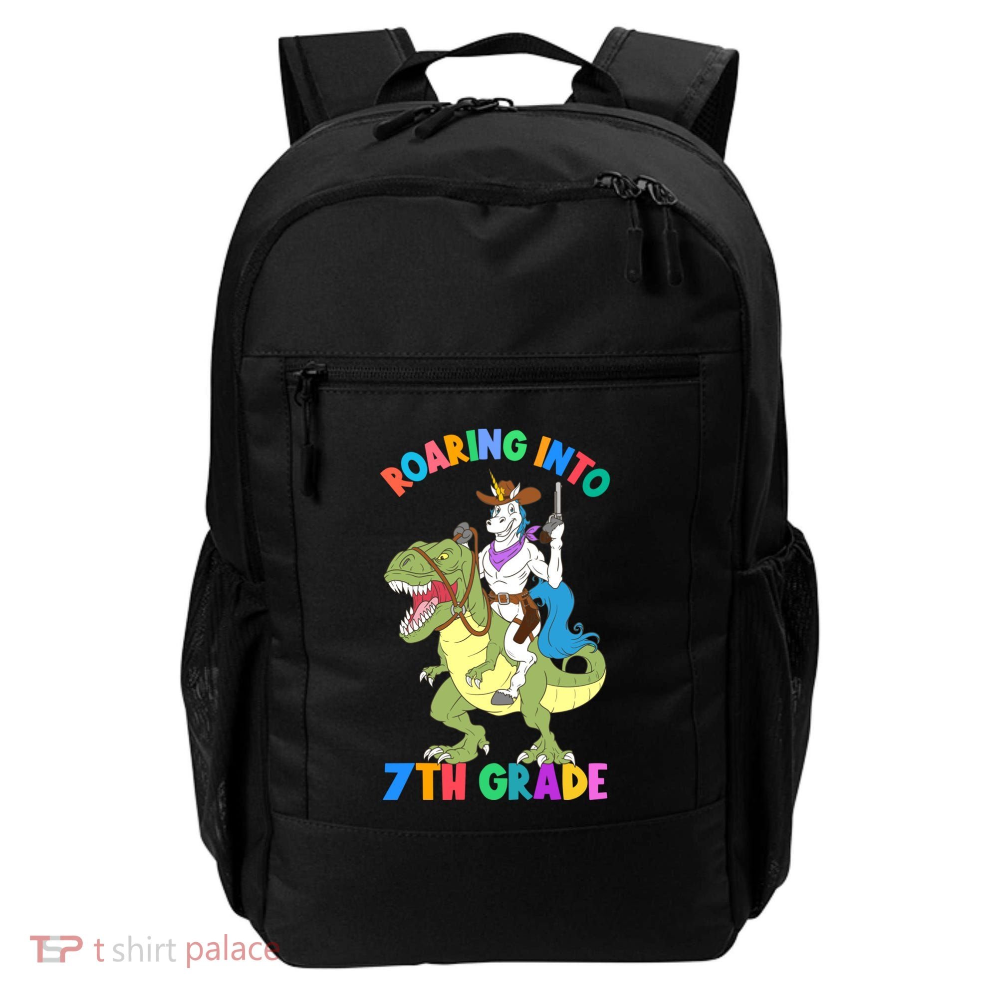 Roaring Into 7th Grade Unicorn Riding Dinosaur Back School Funny Gift Backpack