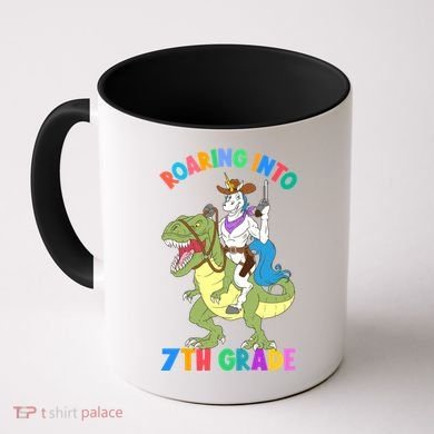 Roaring Into 7th Grade Unicorn Riding Dinosaur Back School Funny Gift Coffee Mug