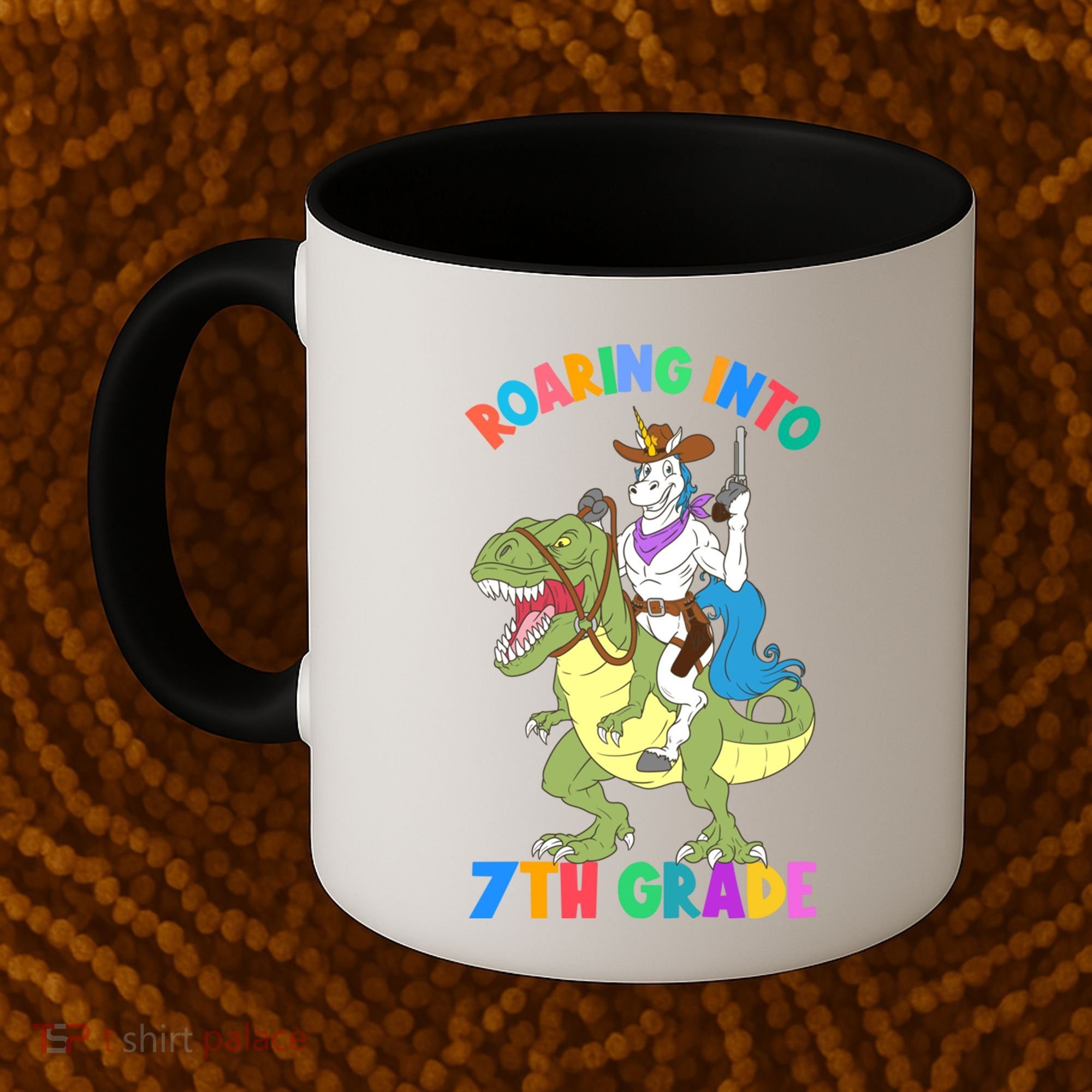 Roaring Into 7th Grade Unicorn Riding Dinosaur Back School Funny Gift Coffee Mug
