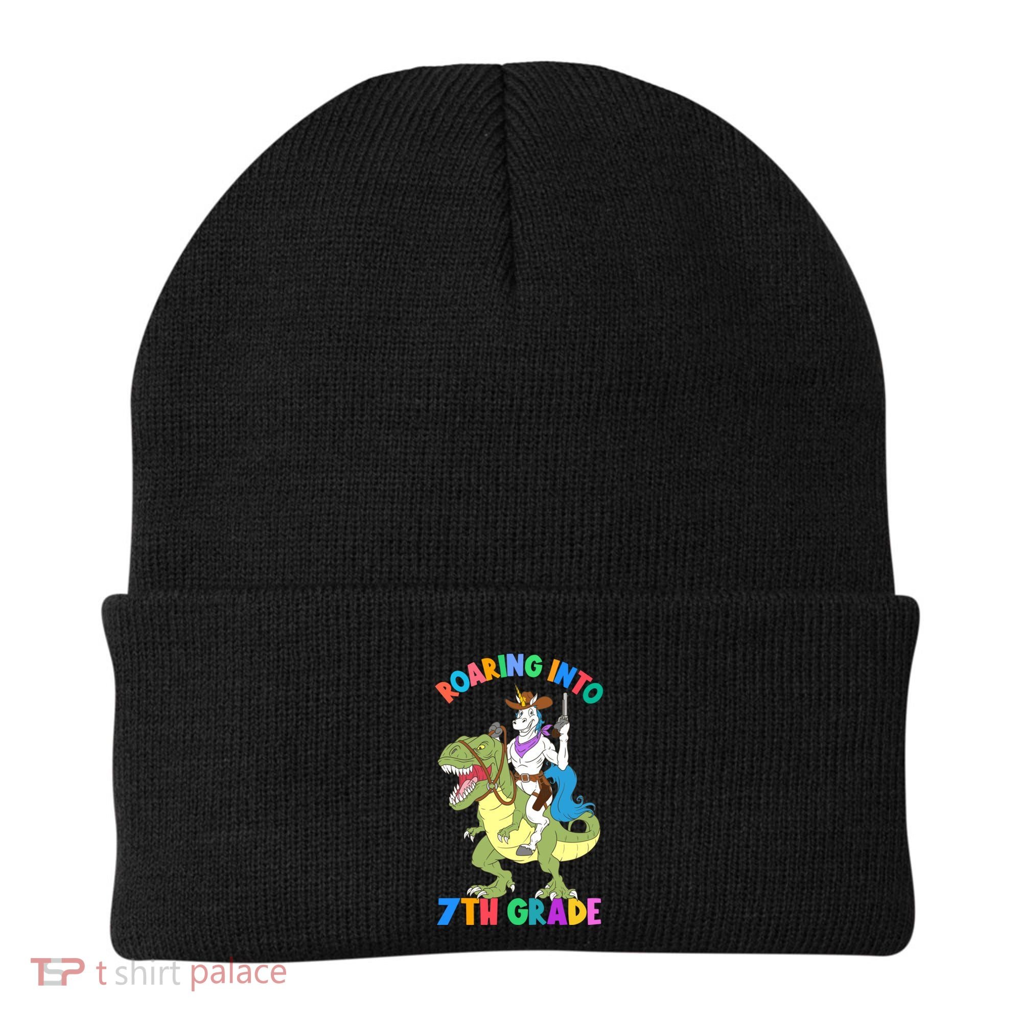 Roaring Into 7th Grade Unicorn Riding Dinosaur Back School Funny Gift Beanie