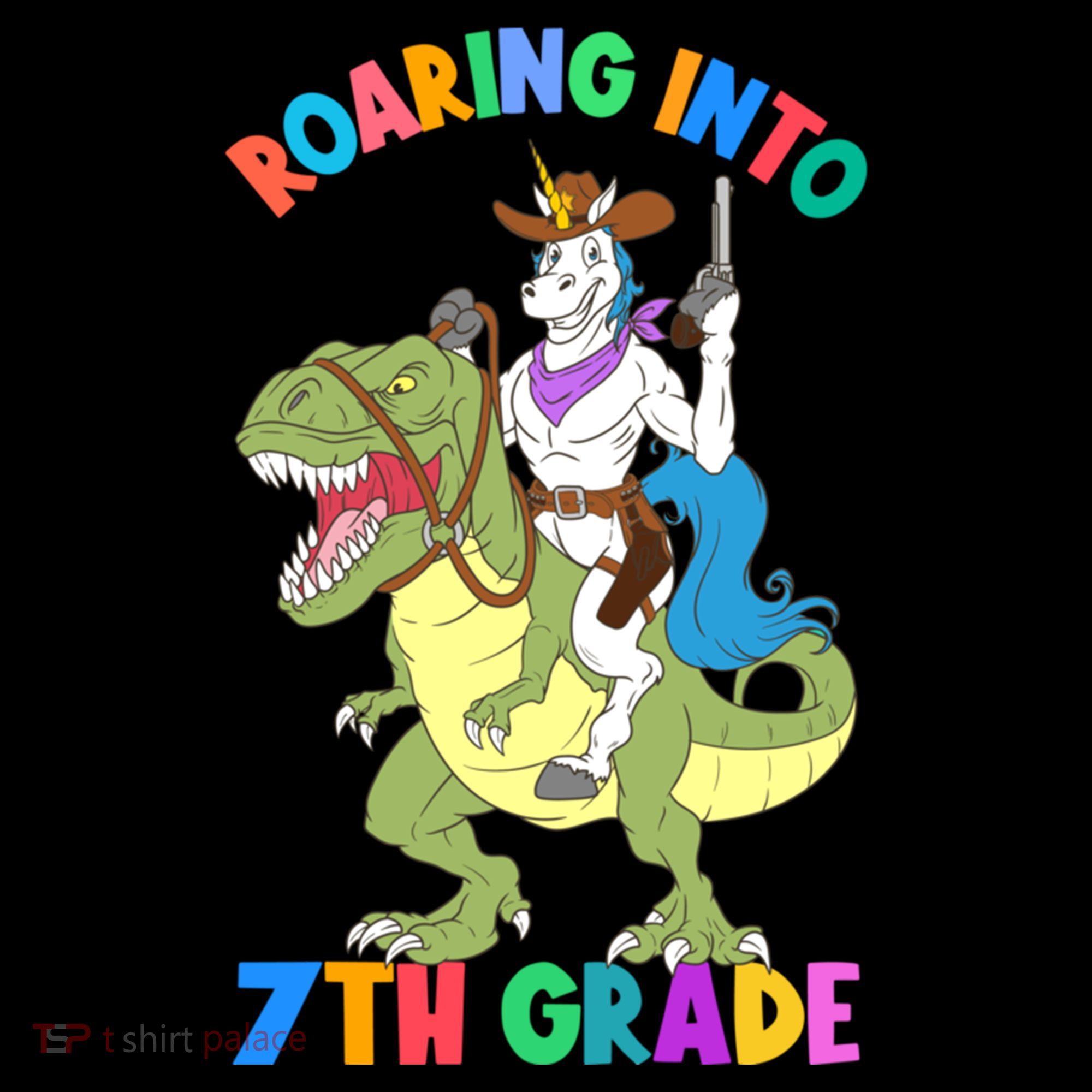Roaring Into 7th Grade Unicorn Riding Dinosaur Back School Funny Gift Women's Hoodie