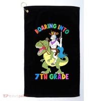 Roaring Into 7th Grade Unicorn Riding Dinosaur Back School Funny Gift Golf Towel thumb 0