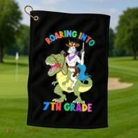 Roaring Into 7th Grade Unicorn Riding Dinosaur Back School Funny Gift Golf Towel thumb 1