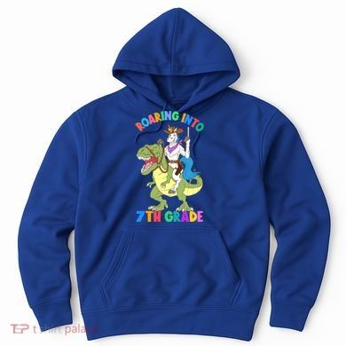 Roaring Into 7th Grade Unicorn Riding Dinosaur Back School Funny Gift Hoodie