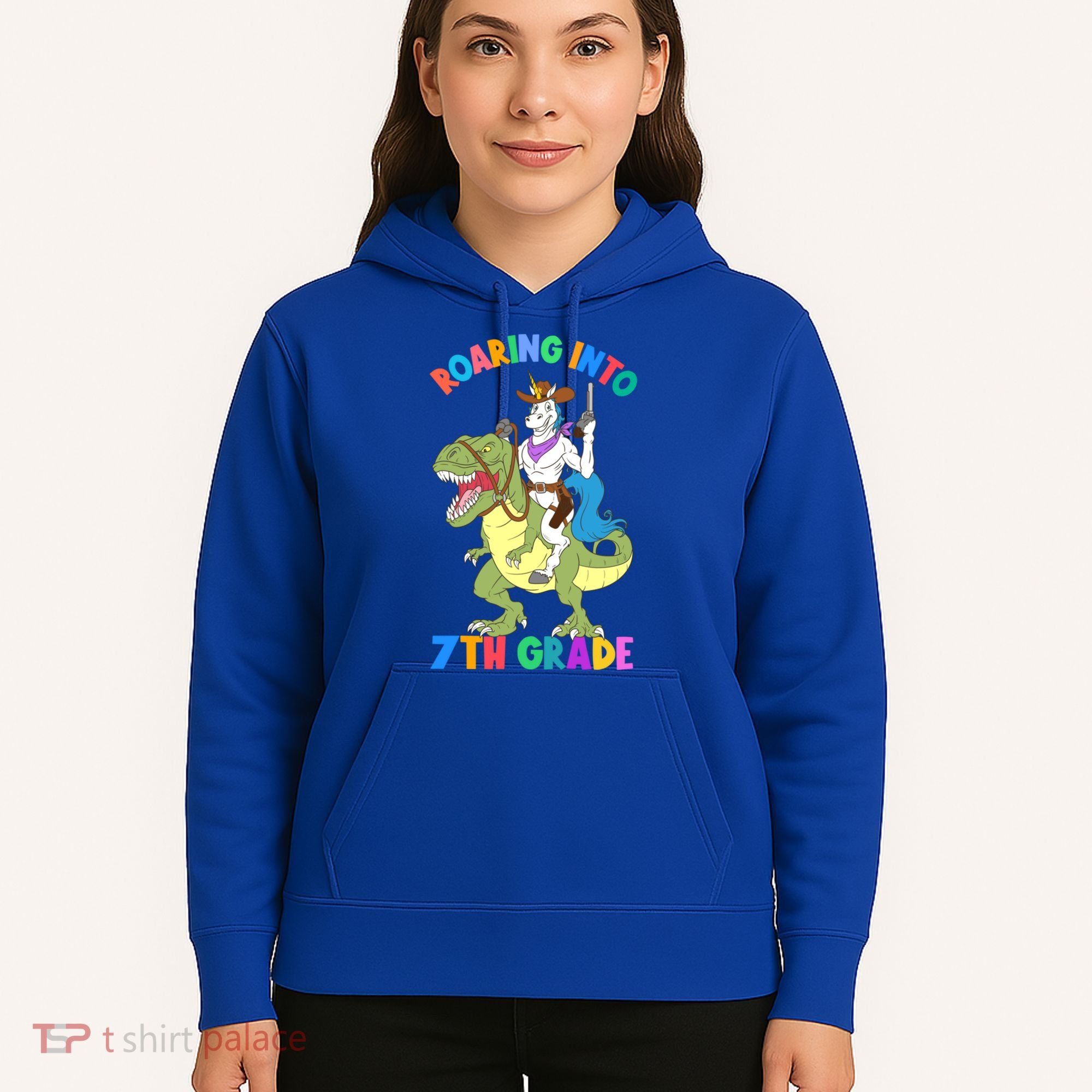 Roaring Into 7th Grade Unicorn Riding Dinosaur Back School Funny Gift Hoodie