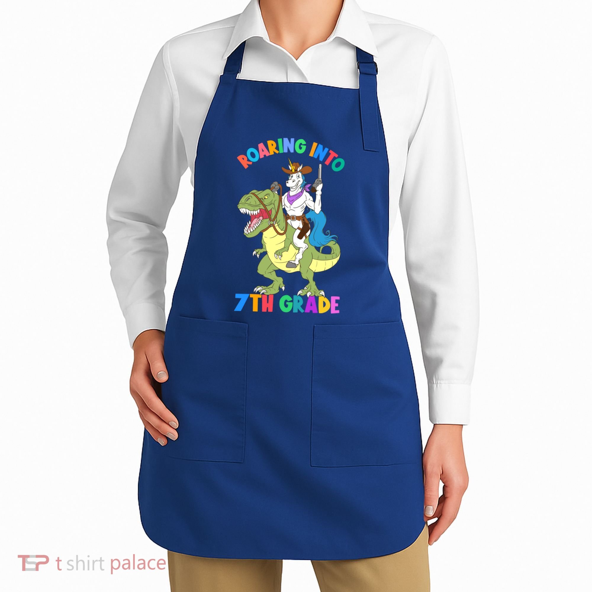 Roaring Into 7th Grade Unicorn Riding Dinosaur Back School Funny Gift Apron