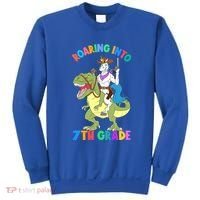 Roaring Into 7th Grade Unicorn Riding Dinosaur Back School Funny Gift Sweatshirt thumb 0