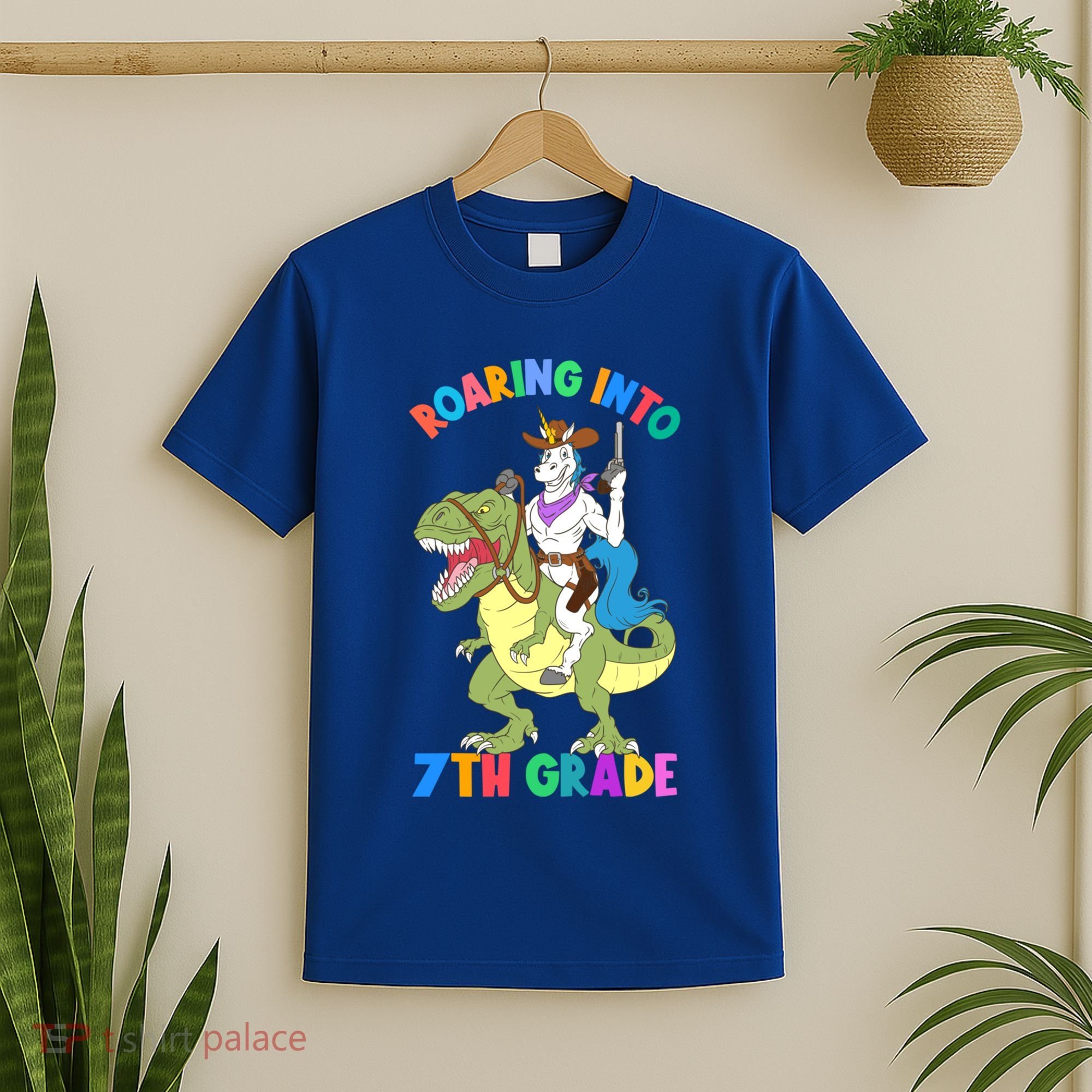 Roaring Into 7th Grade Unicorn Riding Dinosaur Back School Funny Gift T-Shirt